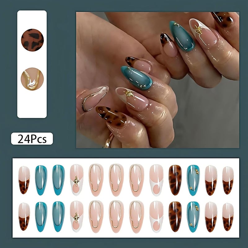 ASABITE 24Pcs Almond Press on Nails Medium Fake Nails with Glue French Tip False Nails with Brown Leopard Design Artificial Acrylic Nails Press ons Reusable Almond Nail Holiday Glue on Nail for Women - Image 2